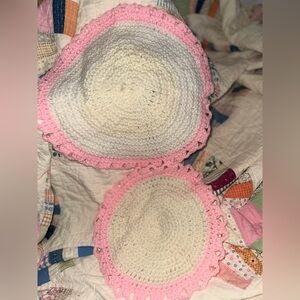 Handmade Pink, White, and Yellow Crochet Doilies